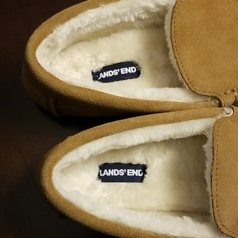 Lands' End Kids Tan Suede Moccasin Slippers with Cream Faux Fur Lining